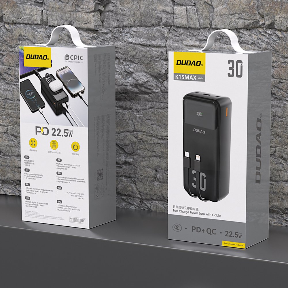 Dudao K15MAX 30000 mAh 22,5 W PD išorinė baterija su integruotais laidais – juoda - Image 2