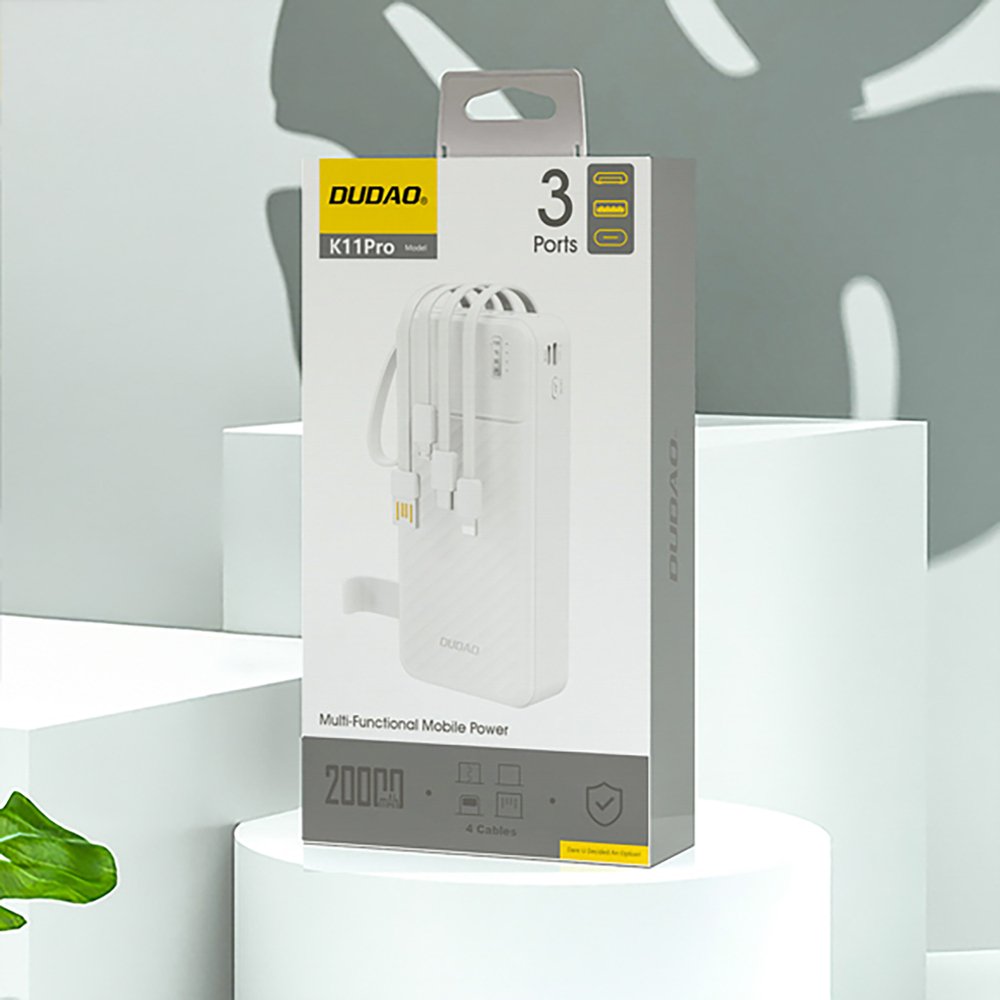 Dudao K11 Pro 20000 mAh išorinė baterija su integruotais laidais – balta - Image 4