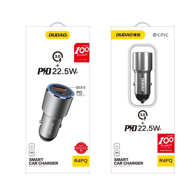 Dudao R4PQ USB / USB-C automobilinis įkroviklis 22,5 W Power Delivery / Quick Charge – pilkas - Image 5
