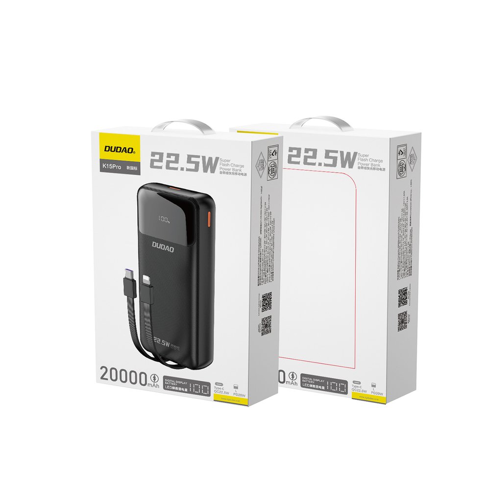 Dudao K15Pro 20000 mAh 22,5 W PD išorinė baterija su integruotais Lightning ir USB-C laidais – juoda - Image 2