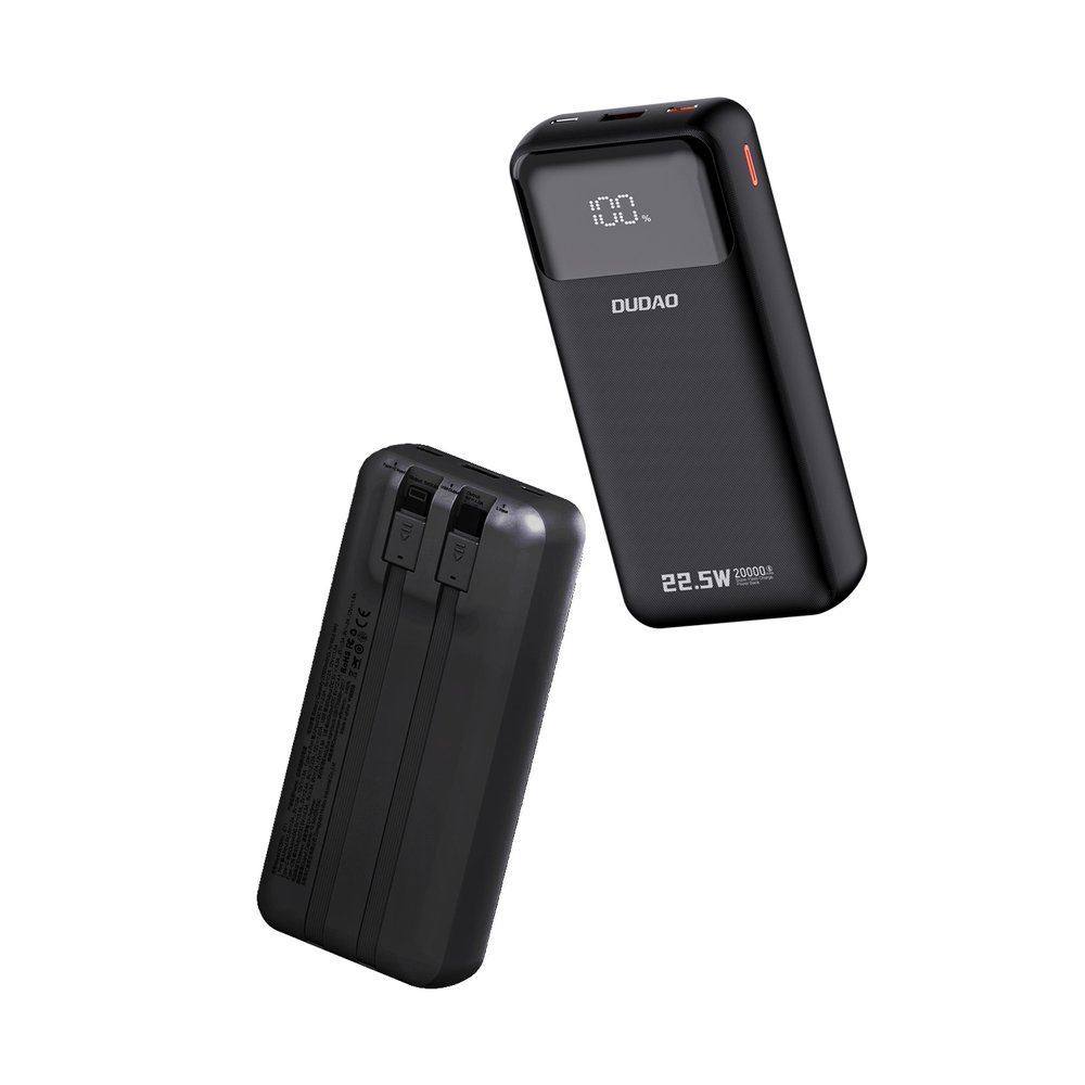 Dudao K15Pro 20000 mAh 22,5 W PD išorinė baterija su integruotais Lightning ir USB-C laidais – juoda - Image 3