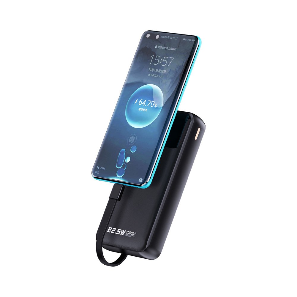 Dudao K15Pro 20000 mAh 22,5 W PD išorinė baterija su integruotais Lightning ir USB-C laidais – juoda - Image 4