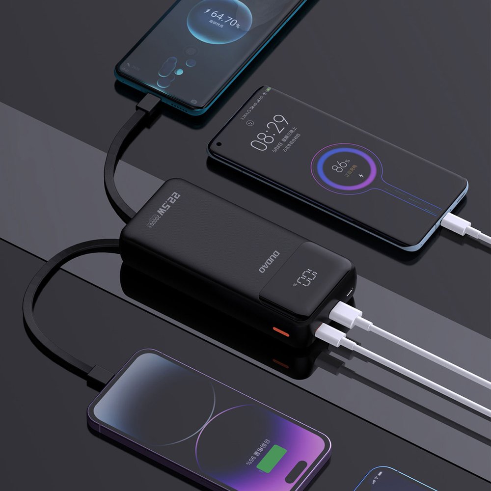 Dudao K15Pro 20000 mAh 22,5 W PD išorinė baterija su integruotais Lightning ir USB-C laidais – juoda - Image 5