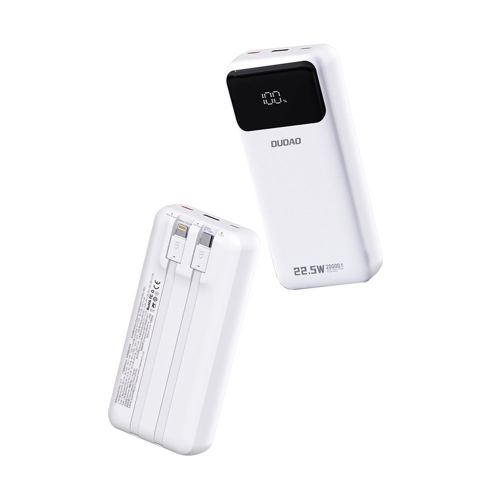 Dudao K15Pro 20000 mAh 22,5 W PD išorinė baterija su integruotais Lightning ir USB-C laidais – balta - Image 2