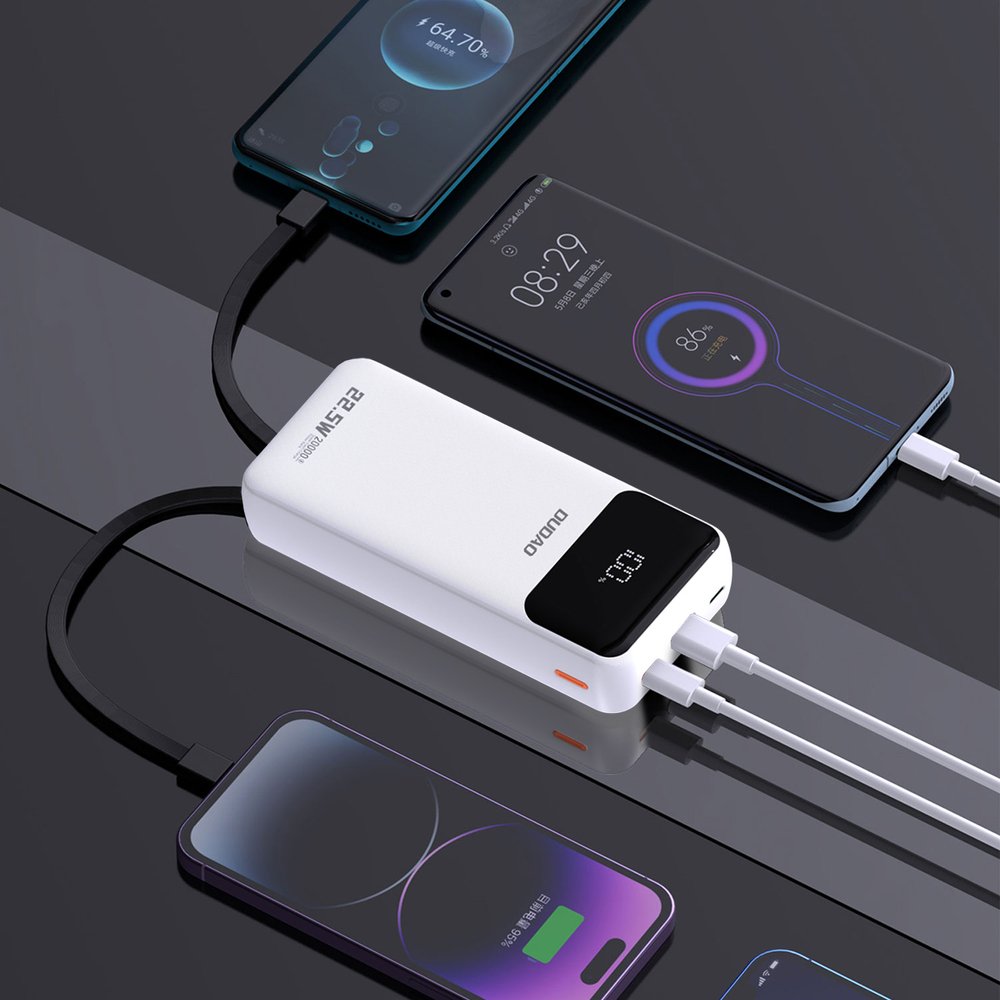 Dudao K15Pro 20000 mAh 22,5 W PD išorinė baterija su integruotais Lightning ir USB-C laidais – balta - Image 3