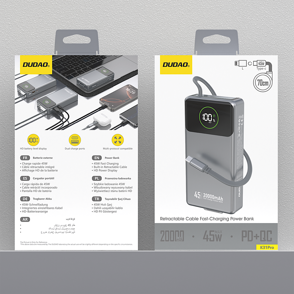 Dudao K31 Pro 45 W 20000 mAh išorinė baterija su integruotu ištraukiamu USB-C laidu – pilka - Image 2
