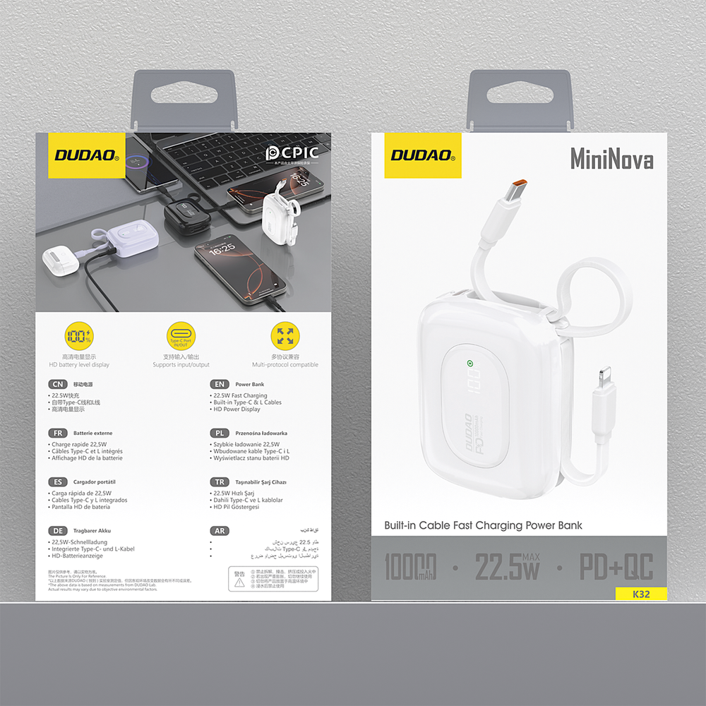 Dudao K32 10000 mAh 22,5 W išorinė baterija su integruotais USB-C ir Lightning laidais – balta - Image 5