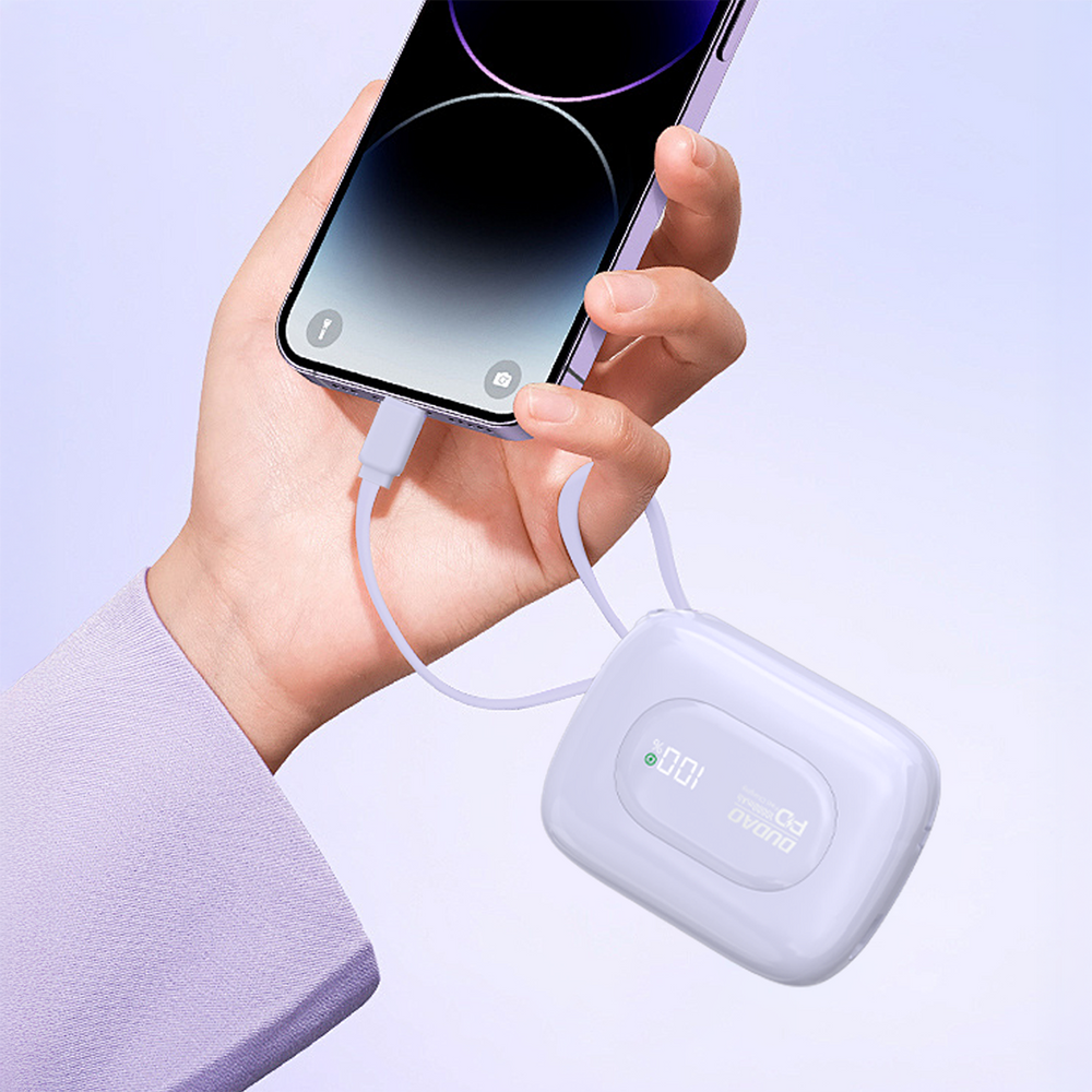 Dudao K32 10000 mAh 22,5 W išorinė baterija su integruotais USB-C ir Lightning laidais – violetinė - Image 2