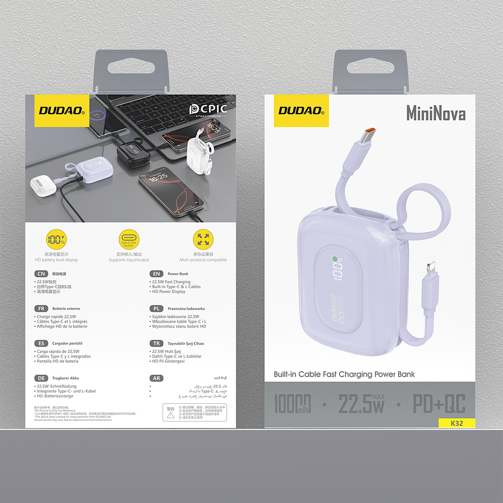 Dudao K32 10000 mAh 22,5 W išorinė baterija su integruotais USB-C ir Lightning laidais – violetinė - Image 3