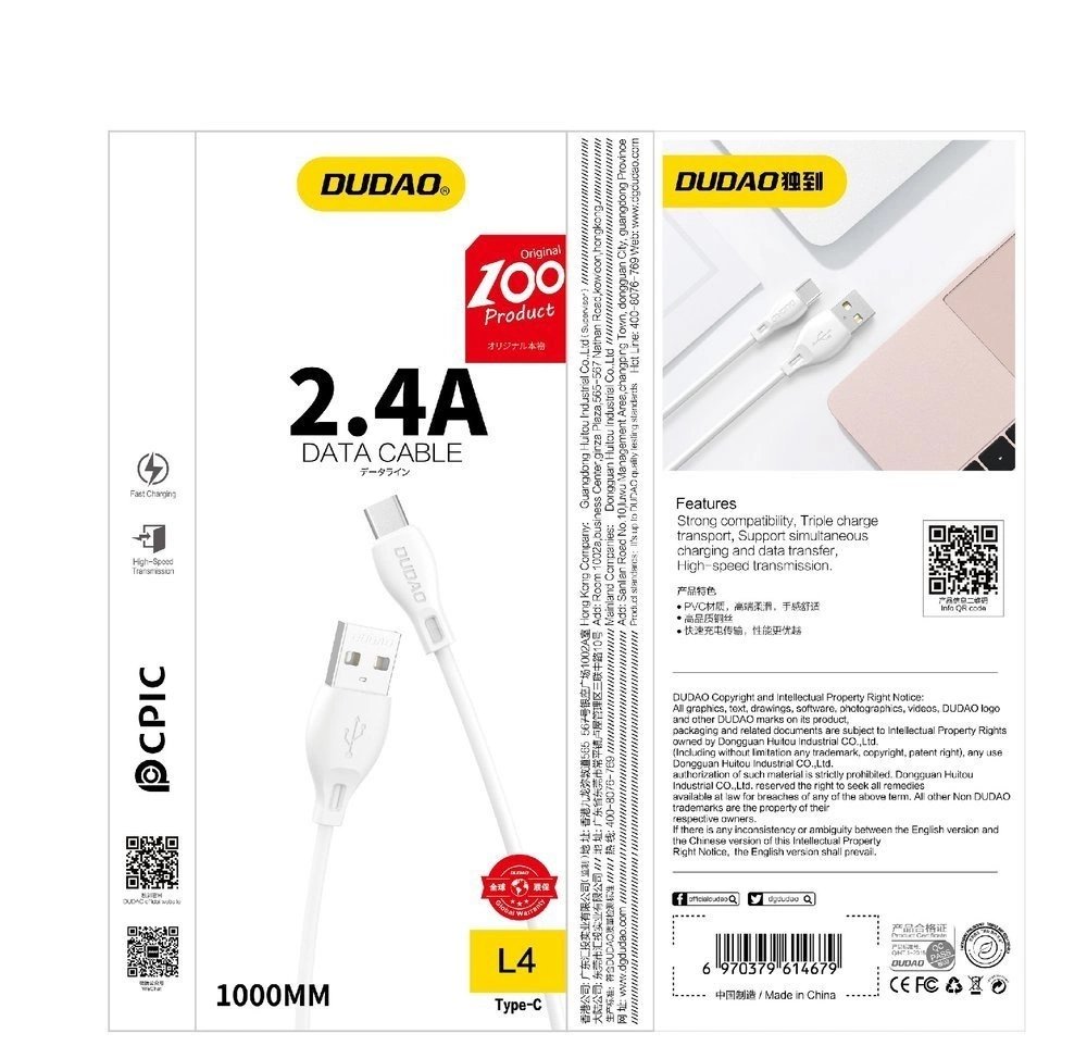 Dudao USB – Lightning kabelis 2.4A, 1 m – baltas (L4L) - Image 10