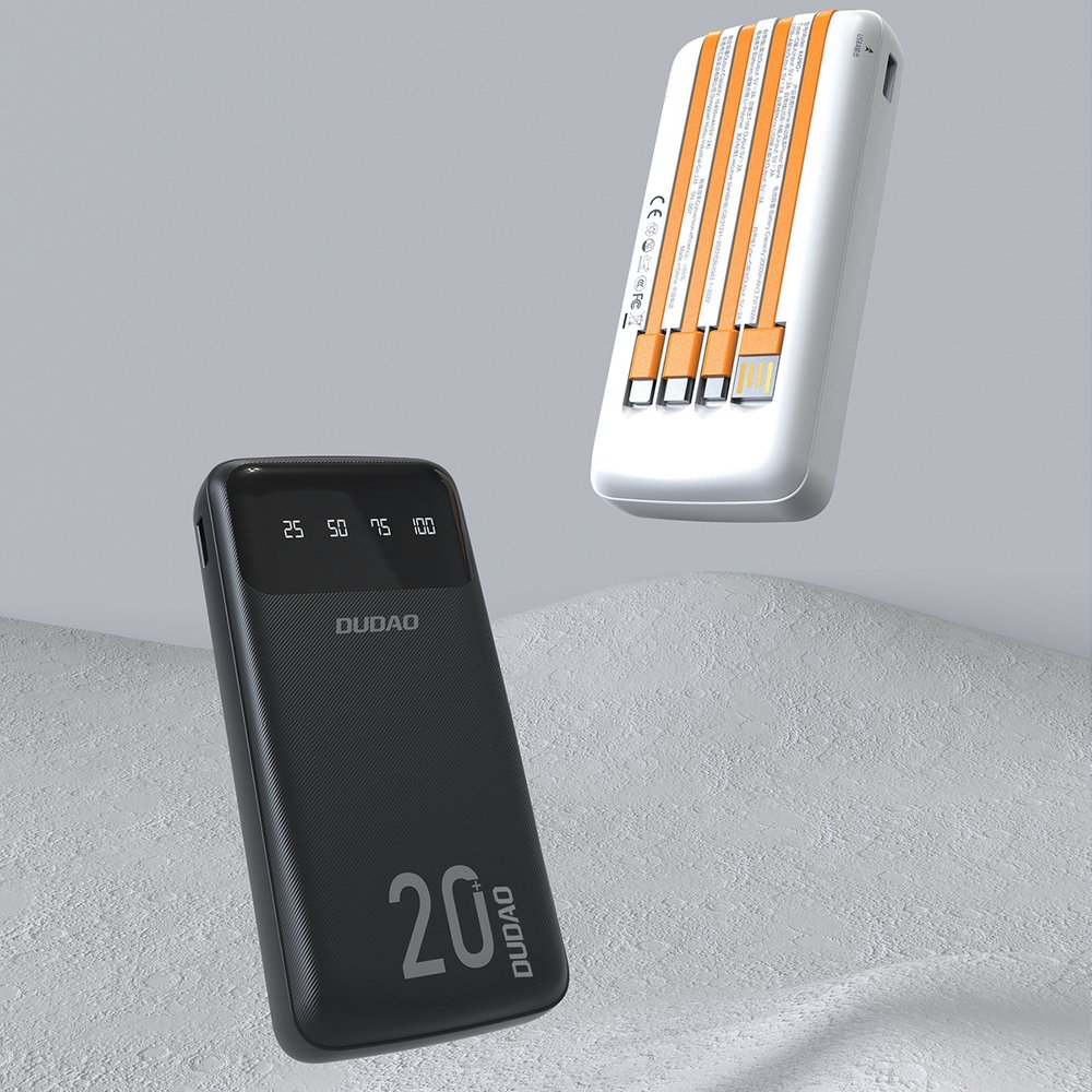 Dudao K6Pro+ didelės talpos išorinė baterija 20000mAh su 4 integruotais kabeliais (USB-C, micro USB, Lightning, USB-A įvestis) – balta - Image 6