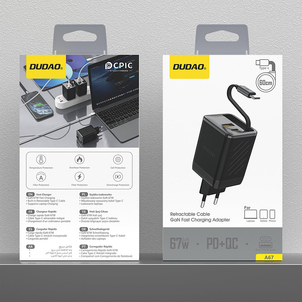 Dudao A67EU GaN 67W sieninis įkroviklis su ištraukiamu USB-C Power Delivery Quick Charge laidu – juodas - Image 9