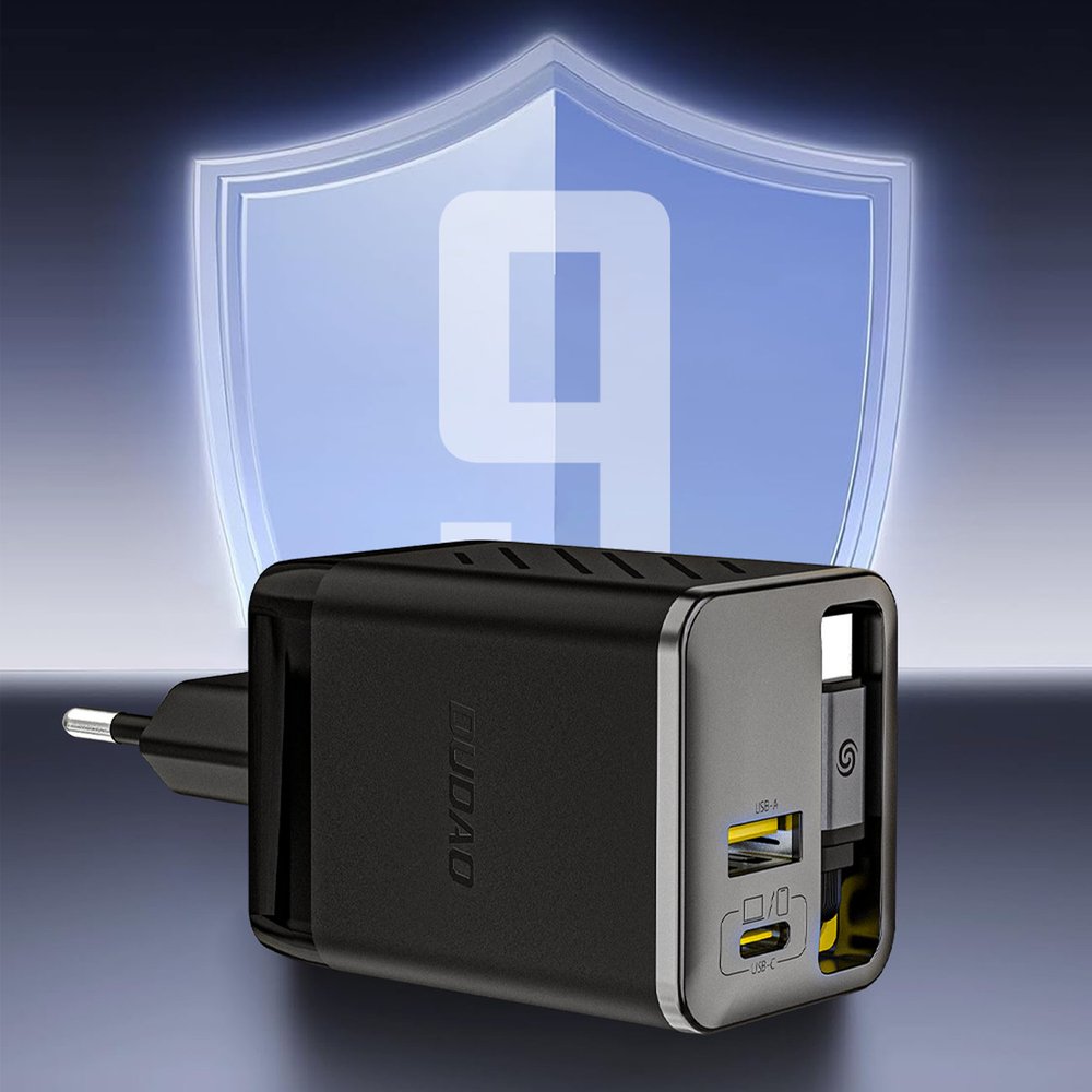 Dudao A67EU GaN 67W sieninis įkroviklis su ištraukiamu USB-C Power Delivery Quick Charge laidu – juodas - Image 6