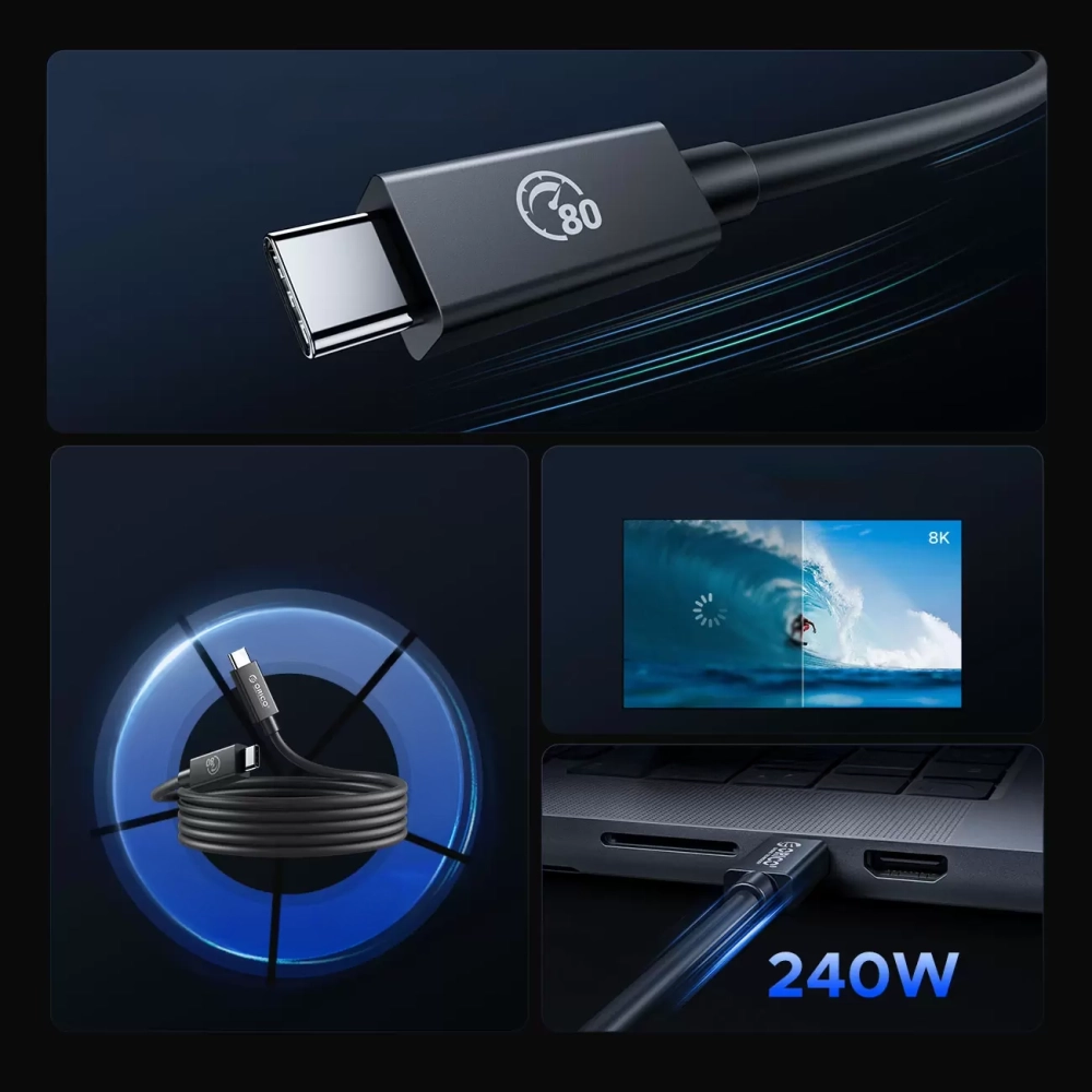 Orico USB4 kabelis, suderinamas su Thunderbolt 5, 80Gb/s, 240W, USB-C – USB-C, 2 m – juodas - Image 7