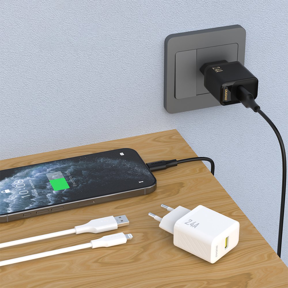 Dudao A23LEU 2,4 A GaN USB-A sieninis įkroviklis su USB-A – Lightning laidu – juodas - Image 2