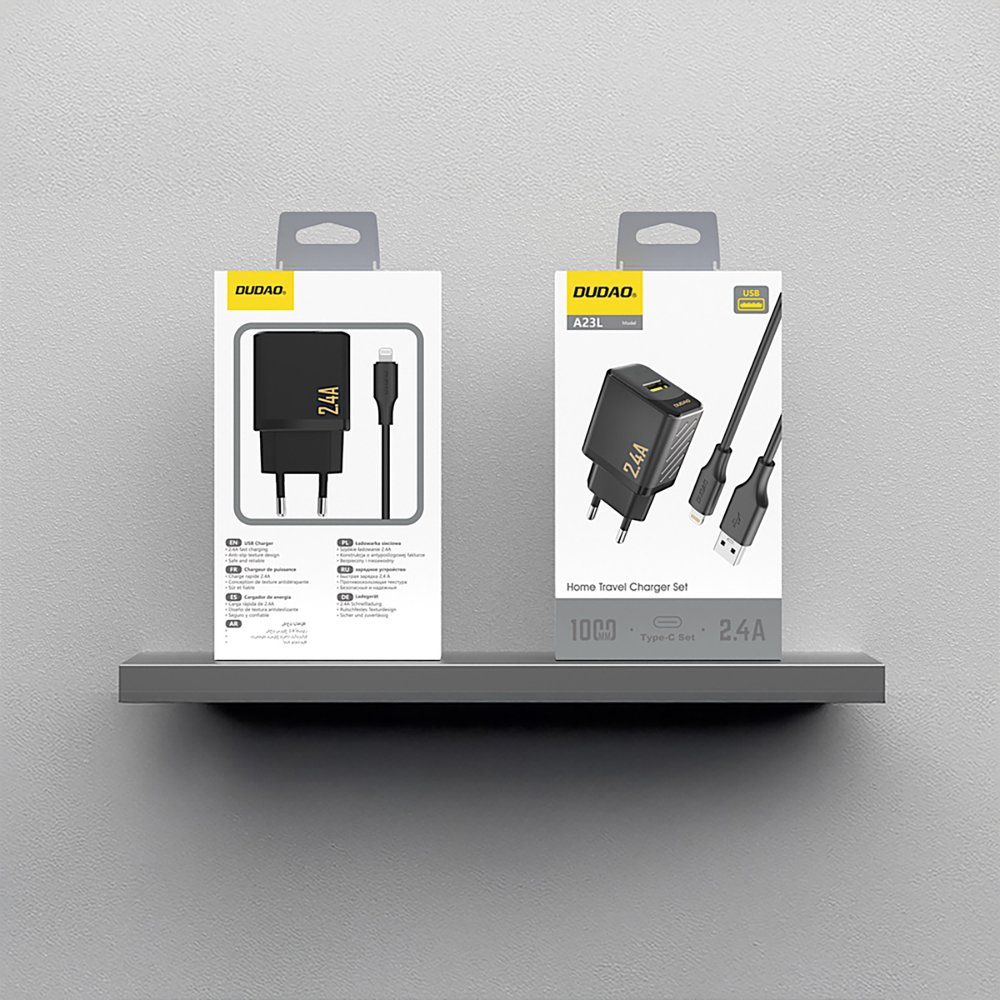 Dudao A23LEU 2,4 A GaN USB-A sieninis įkroviklis su USB-A – Lightning laidu – juodas - Image 3