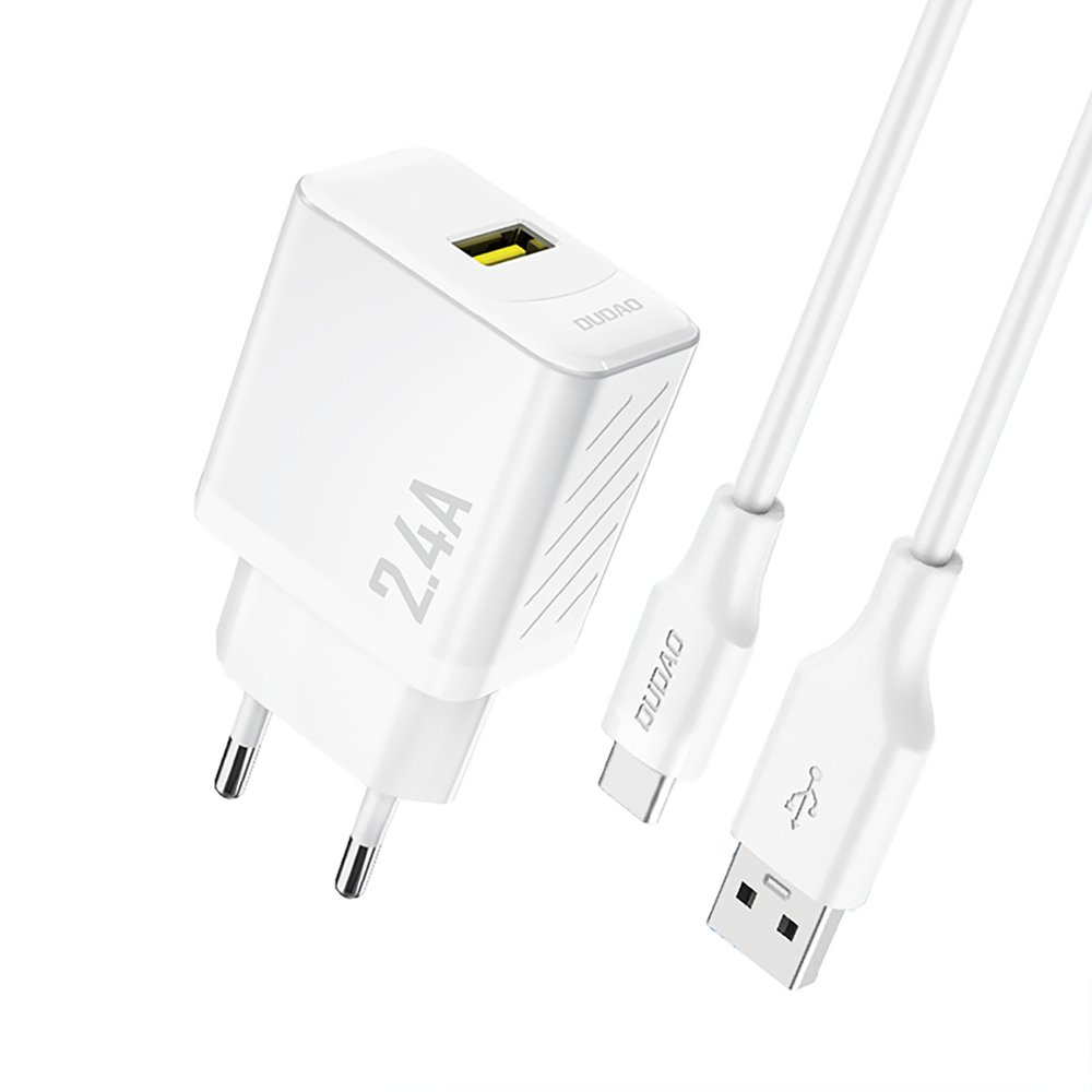 Dudao A23TEU 2.4A GaN USB-A Wall Charger with USB-A - USB-C Cable - White