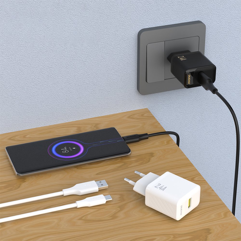 Dudao A23TEU 2,4 A GaN USB-A sieninis įkroviklis su USB-A – USB-C laidu – baltas - Image 2