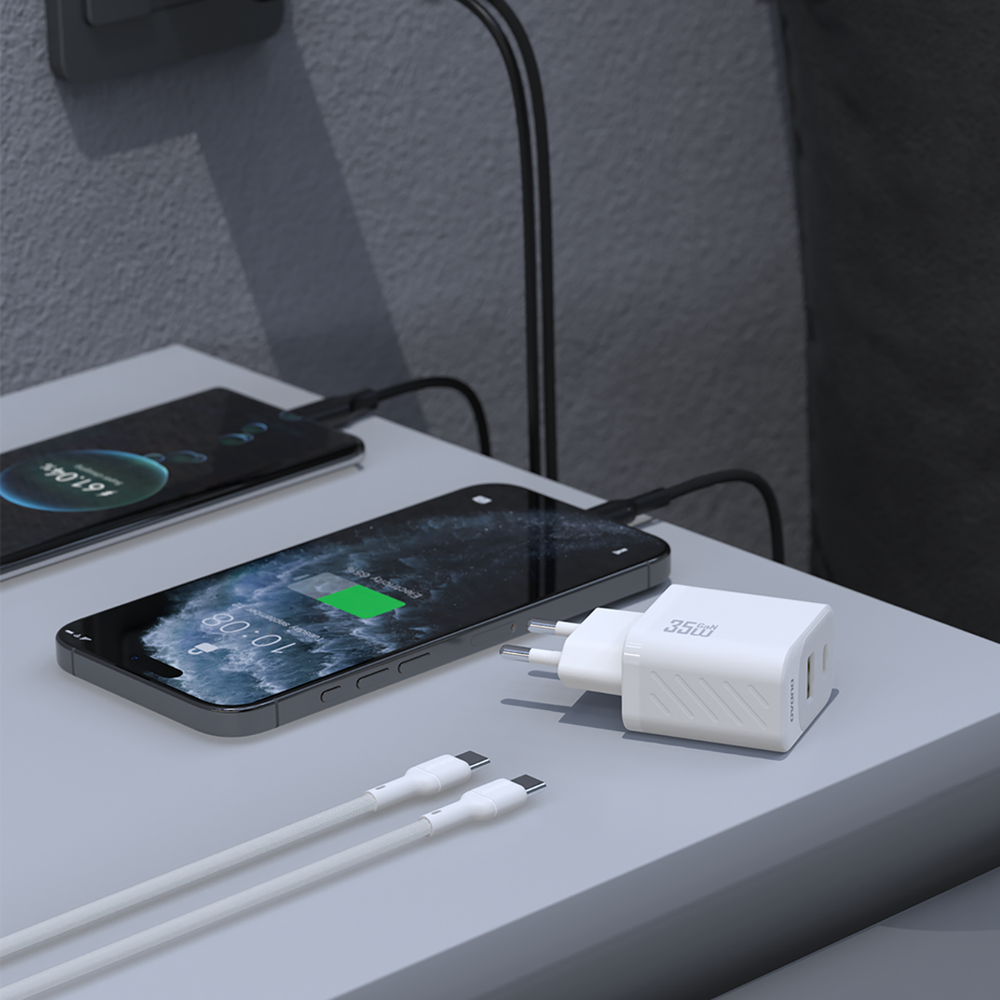 Dudao A27MaxCEU PD/QC 35 W GaN sieninis įkroviklis USB-A + USB-C su USB-C laidu – baltas - Image 3