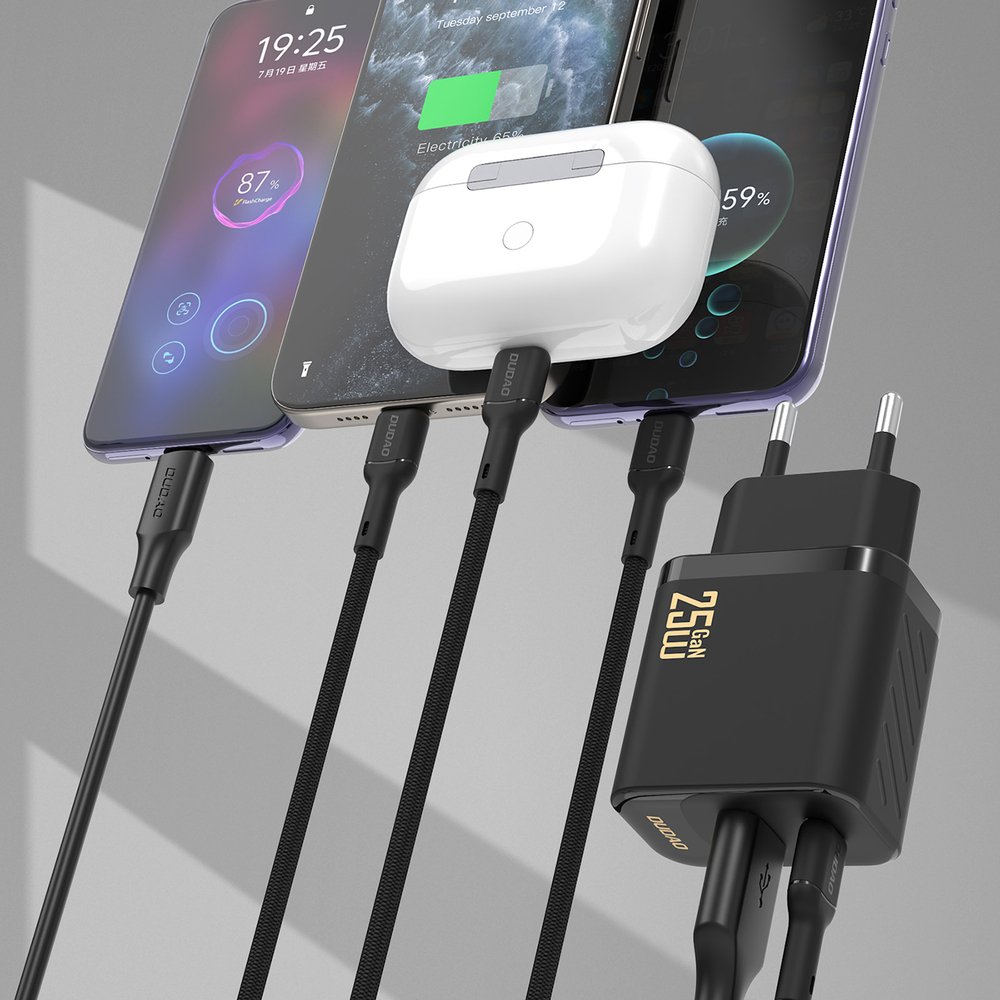 Dudao A26TCEU PD/QC 25 W GaN sieninis įkroviklis USB-A + USB-C su USB-C laidu – juodas - Image 2