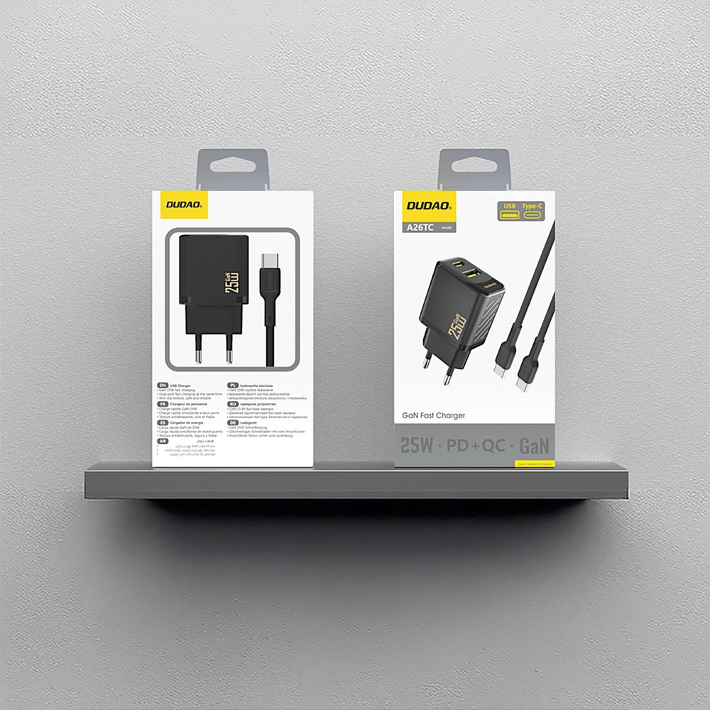Dudao A26TCEU PD/QC 25 W GaN sieninis įkroviklis USB-A + USB-C su USB-C laidu – juodas - Image 5