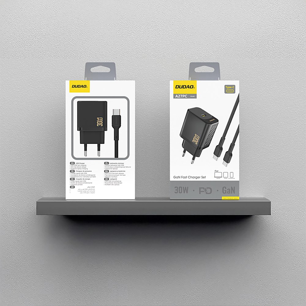 Dudao A27PCEU PD 30 W GaN USB-C sieninis įkroviklis su USB-C laidu – juodas - Image 6