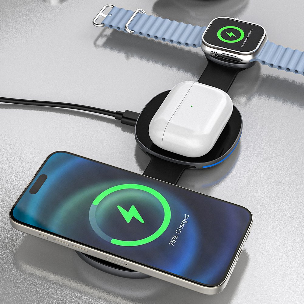 Dudao A11S 3 viename belaidis įkroviklis, suderinamas su MagSafe telefonui, išmaniajam laikrodžiui ir ausinėms – juodas - Image 4
