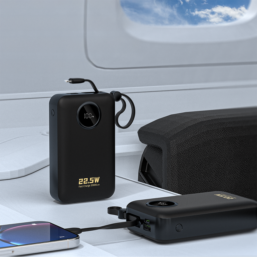 Dudao K14+ 20000 mAh 22,5 W išorinė baterija su USB-C, USB-A ir integruotais Lightning bei USB-C laidais – juoda - Image 11