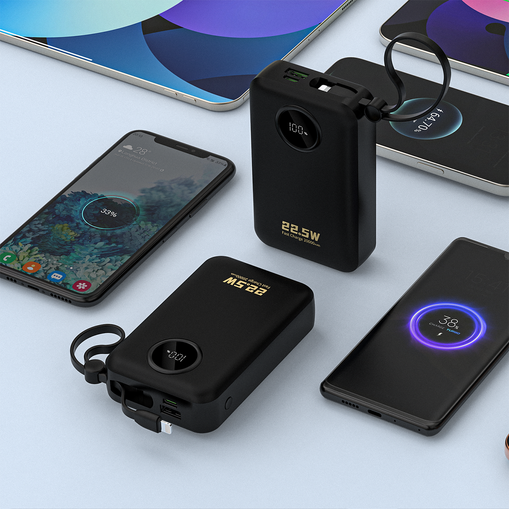 Dudao K14+ 20000 mAh 22,5 W išorinė baterija su USB-C, USB-A ir integruotais Lightning bei USB-C laidais – juoda - Image 12