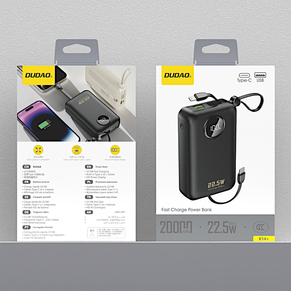 Dudao K14+ 20000 mAh 22,5 W išorinė baterija su USB-C, USB-A ir integruotais Lightning bei USB-C laidais – juoda - Image 13