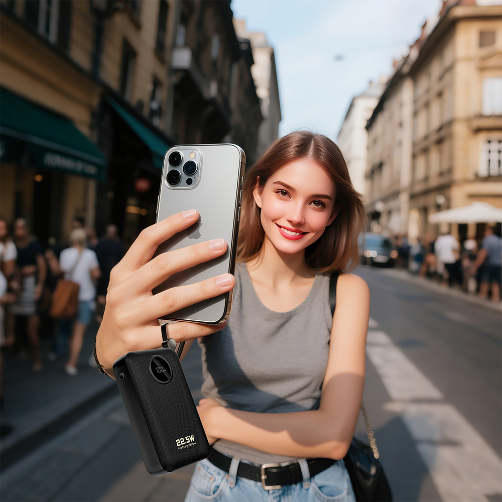 Dudao K14+ 20000 mAh 22,5 W išorinė baterija su USB-C, USB-A ir integruotais Lightning bei USB-C laidais – juoda - Image 3