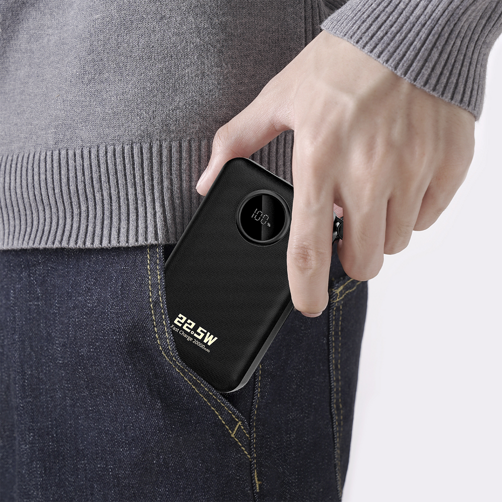 Dudao K14+ 20000 mAh 22,5 W išorinė baterija su USB-C, USB-A ir integruotais Lightning bei USB-C laidais – juoda - Image 5
