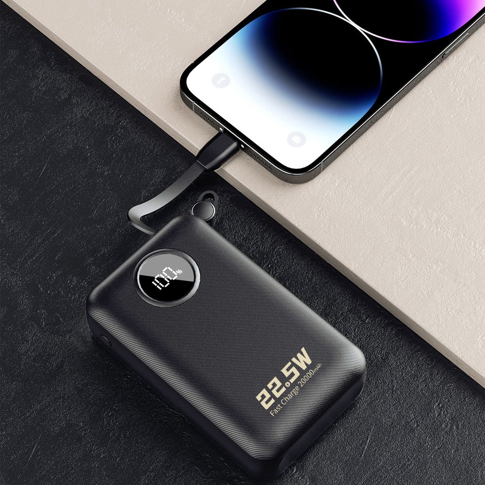 Dudao K14+ 20000 mAh 22,5 W išorinė baterija su USB-C, USB-A ir integruotais Lightning bei USB-C laidais – juoda - Image 8