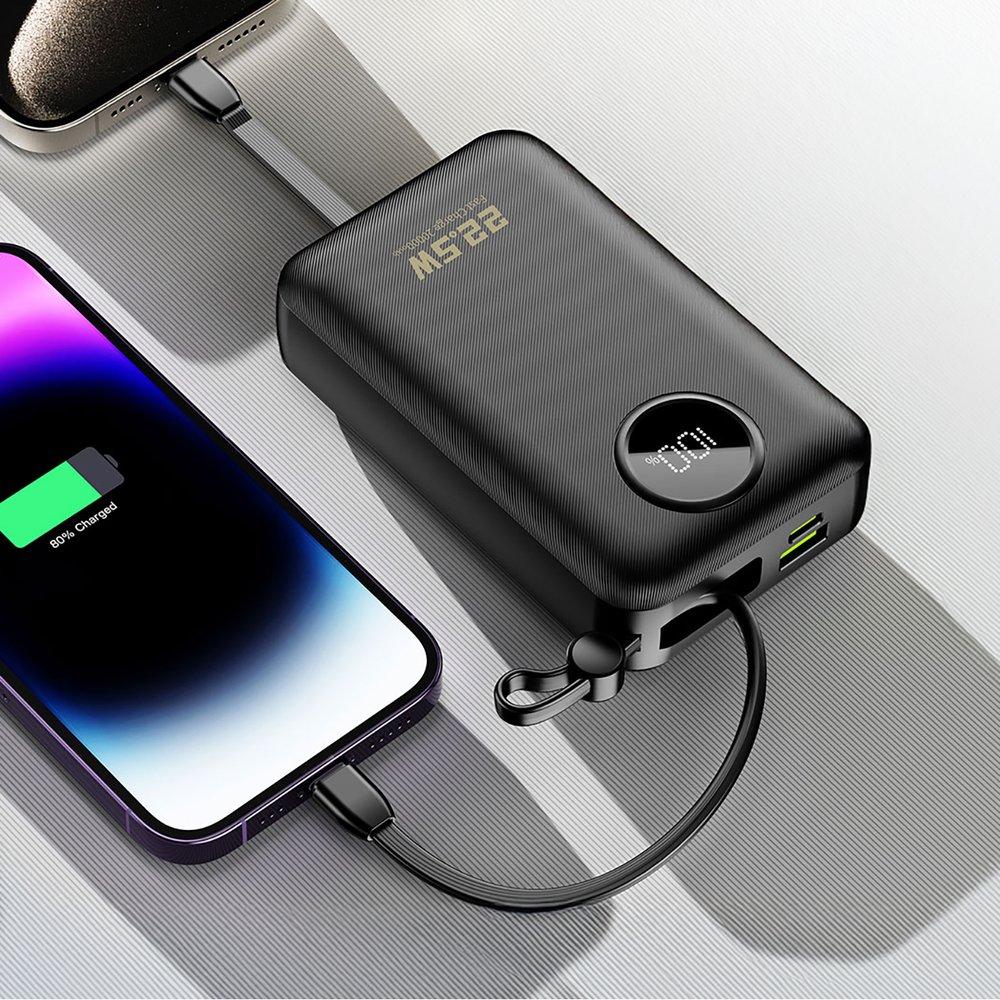 Dudao K14+ 20000 mAh 22,5 W išorinė baterija su USB-C, USB-A ir integruotais Lightning bei USB-C laidais – juoda - Image 9