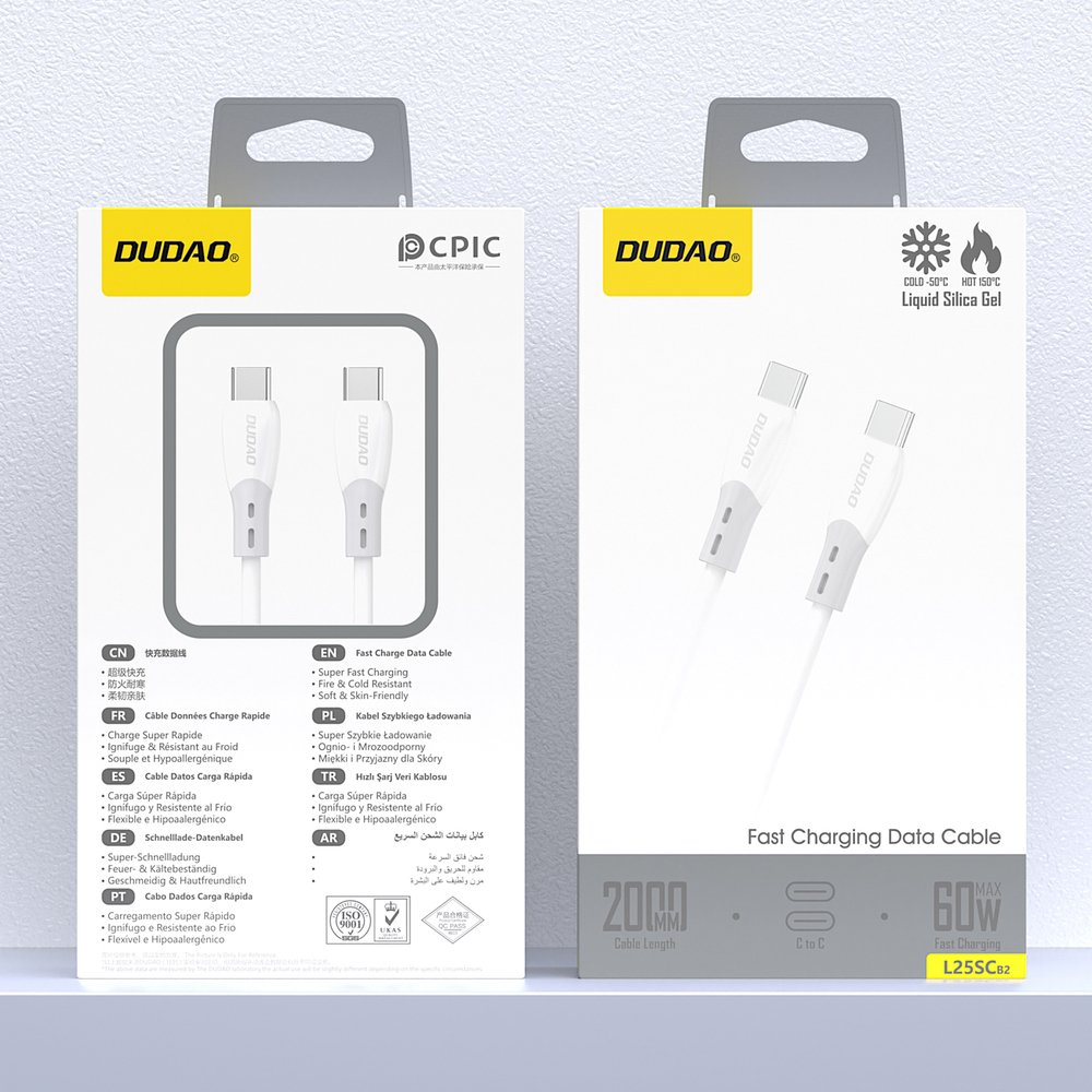 Dudao L25SC 60 W USB-C – USB-C laidas su minkštu silikoniniu pynimu, 2 m – baltas - Image 2