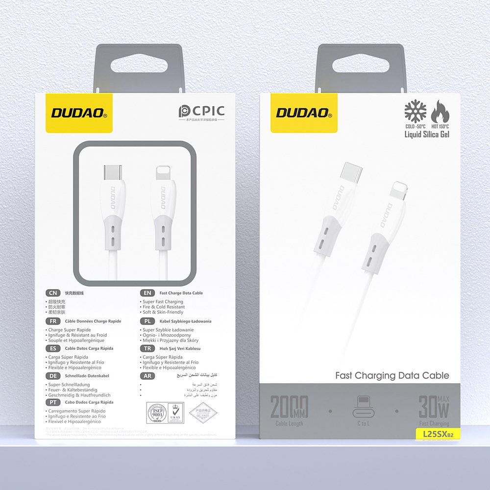 Dudao L25SX USB-C – Lightning laidas 2 m, 30 W, su minkštu silikoniniu pynimu – baltas - Image 2