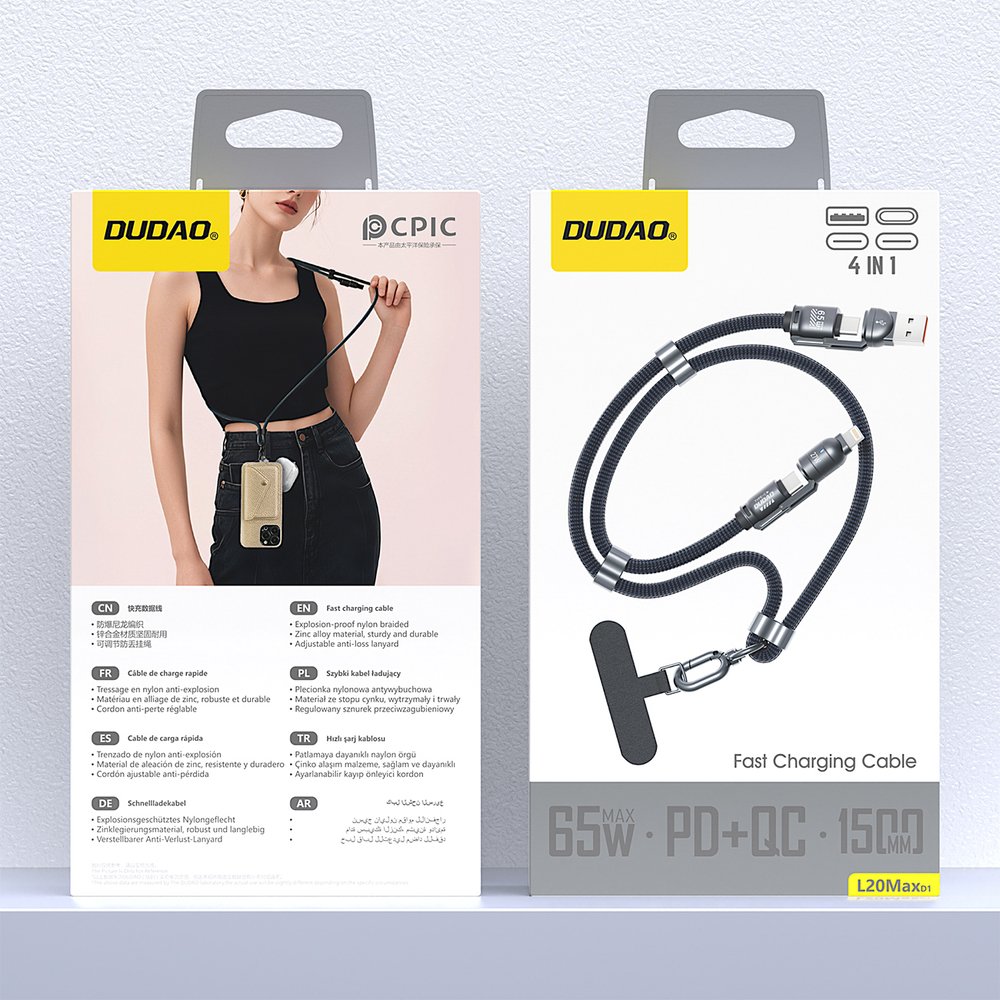 Dudao L20Max 65 W 4 viename laidas su dirželiu, USB-C į USB-C su Lightning ir USB-A adapteriais – mėlynas - Image 4