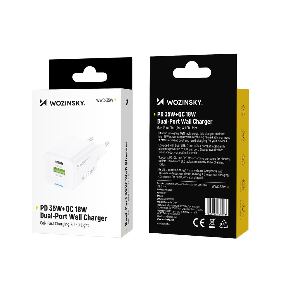 Wozinsky WWC-35W GaN USB-A + USB-C sieninis įkroviklis – baltas - Image 4