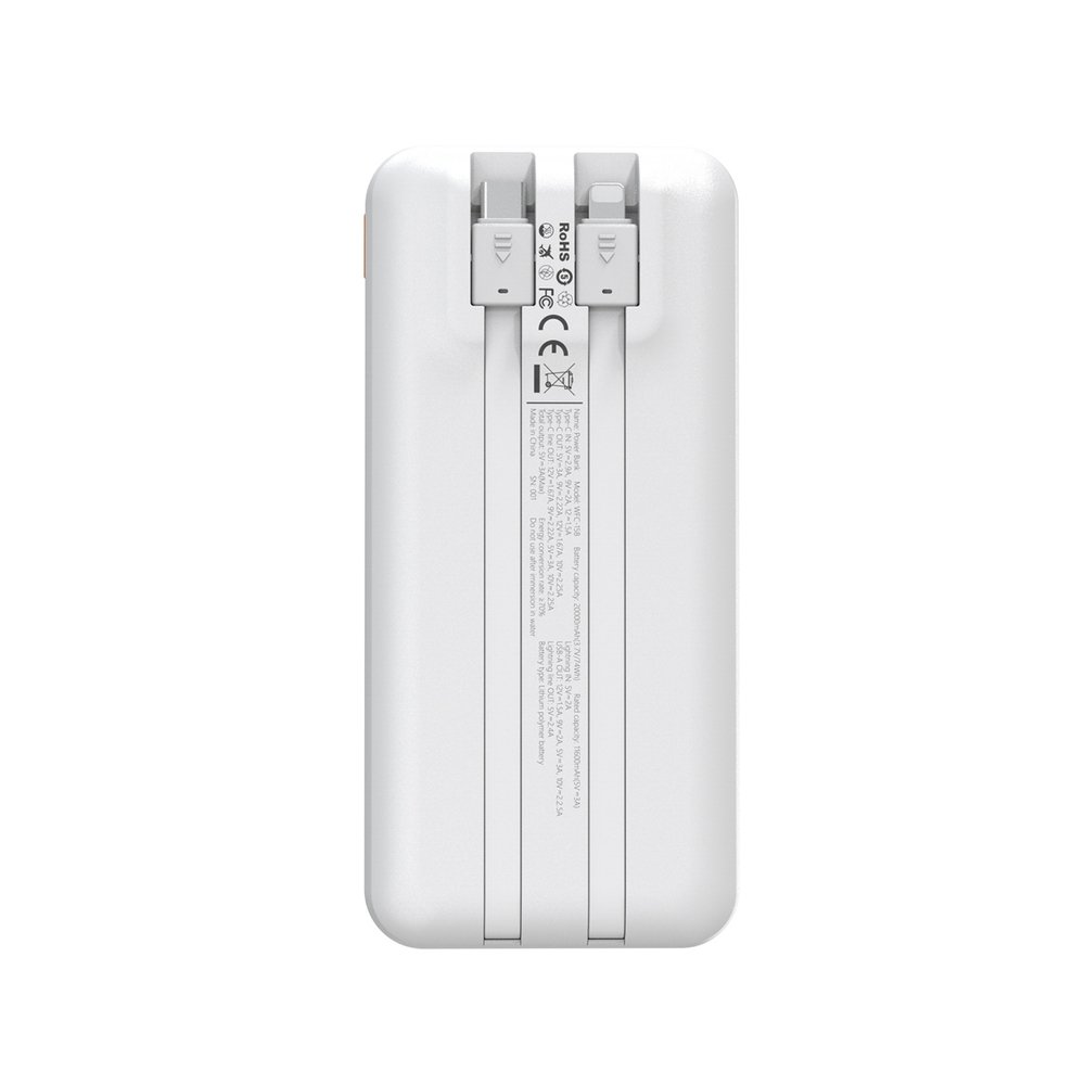Wozinsky WFC-15W 20000 mAh 22,5 W PD20W išorinė baterija su integruotais Lightning ir USB-C laidais – balta - Image 4
