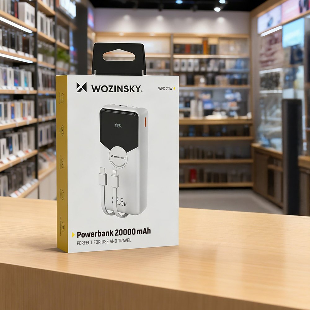 Wozinsky WFC-15W 20000 mAh 22,5 W PD20W išorinė baterija su integruotais Lightning ir USB-C laidais – balta - Image 6