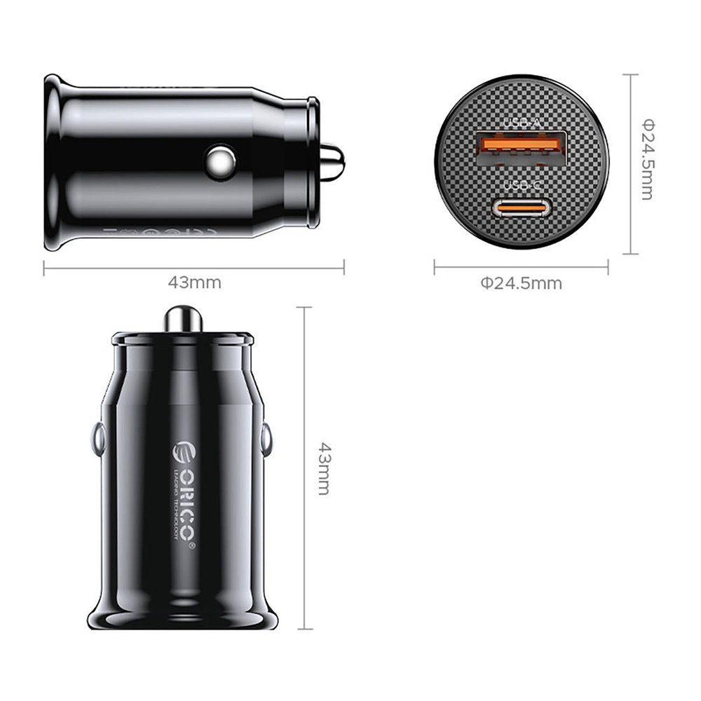 Orico PowerMini 30 W USB-C + USB-A automobilinis įkroviklis – juodas - Image 2