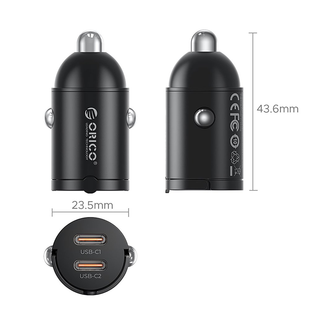 Orico MiniRing 30 W automobilinis įkroviklis su 2×USB-C – juodas - Image 2