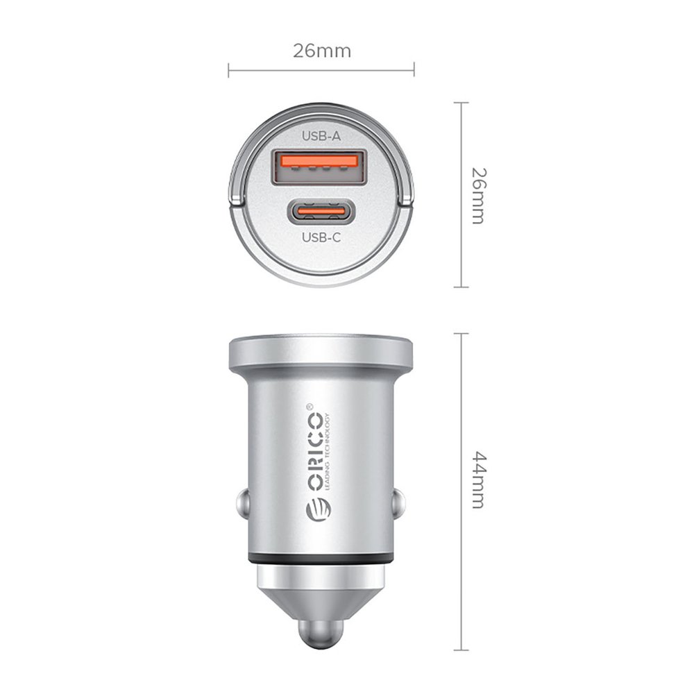 Orico MiniRing Pro 45 W USB-A + USB-C automobilinis įkroviklis – sidabrinis - Image 2