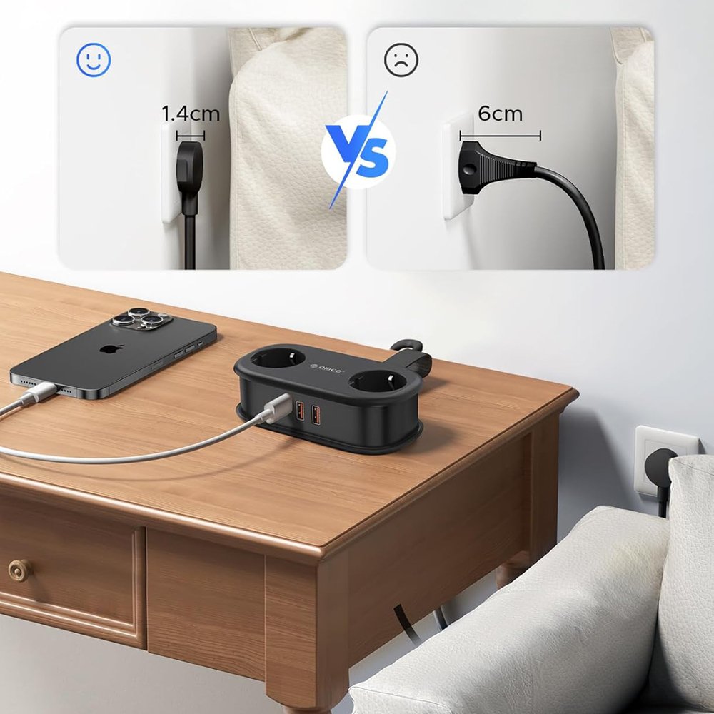 Orico AP3 20 W GaN 5 viename maitinimo ilgintuvas su 2×AC, 2×USB-A ir 1×USB-C – juodas - Image 3