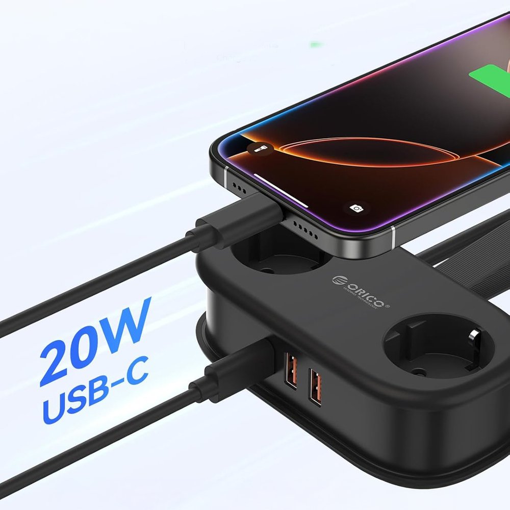 Orico AP3 20 W GaN 5 viename maitinimo ilgintuvas su 2×AC, 2×USB-A ir 1×USB-C – juodas - Image 4
