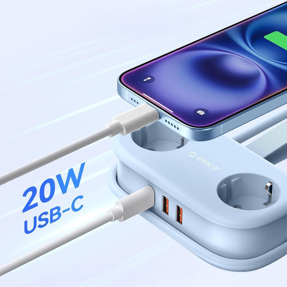 Orico AP3 20 W GaN 5 viename maitinimo ilgintuvas su 2×AC, 2×USB-A ir 1×USB-C – mėlynas - Image 2
