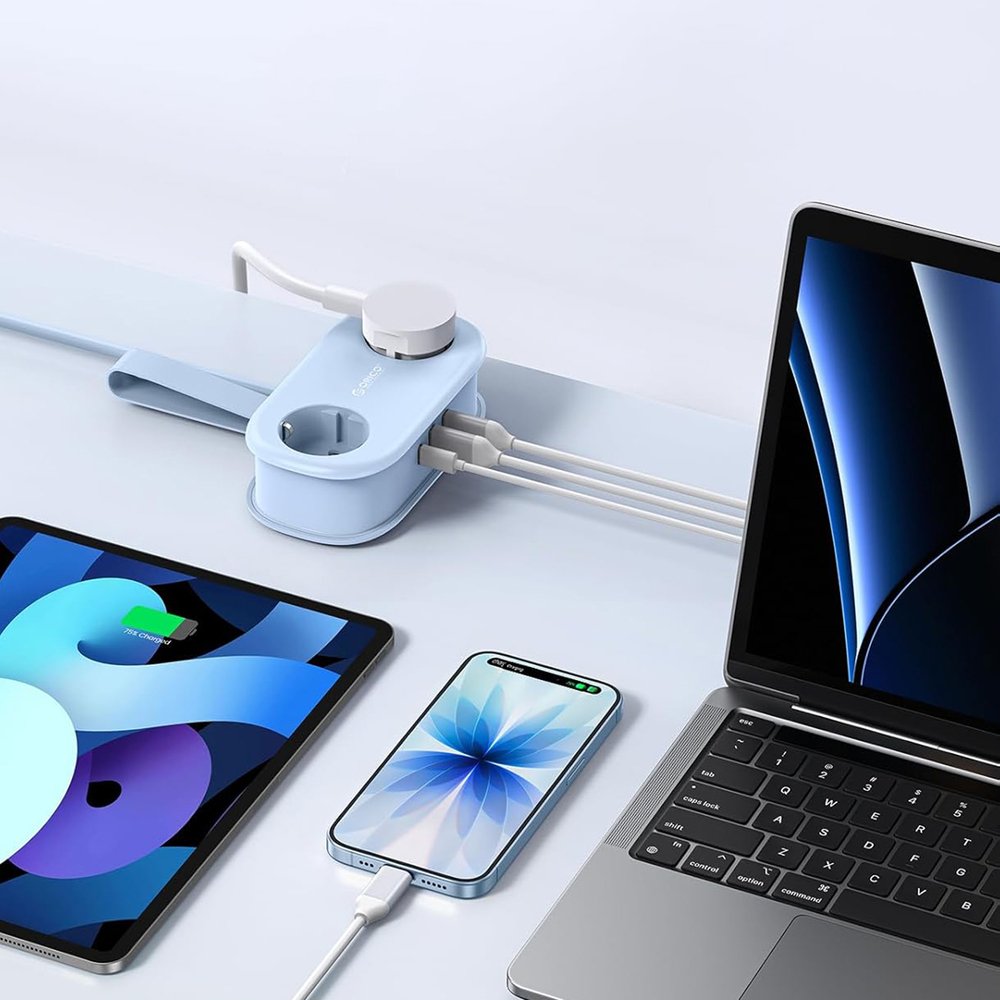 Orico AP3 20 W GaN 5 viename maitinimo ilgintuvas su 2×AC, 2×USB-A ir 1×USB-C – mėlynas - Image 5