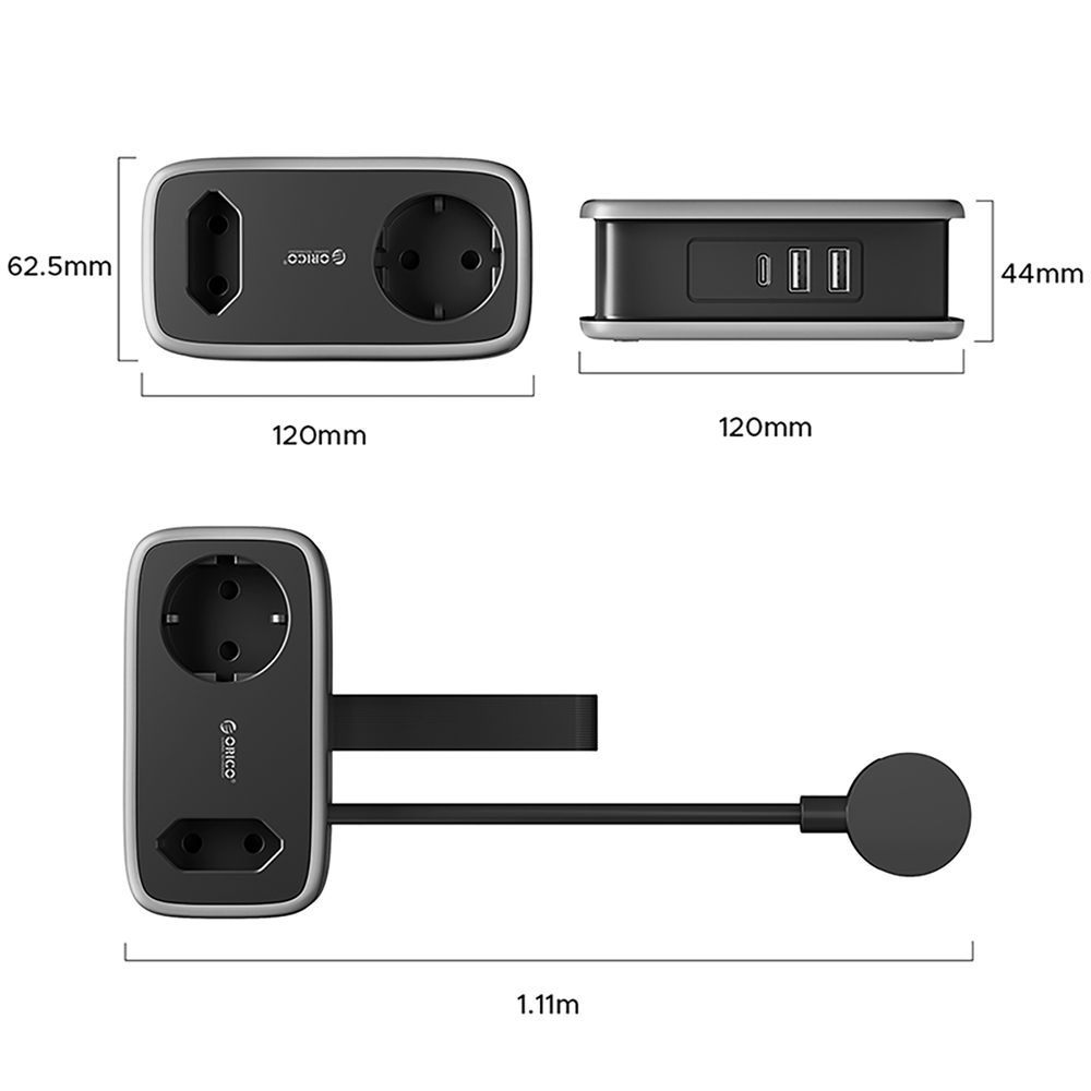 Orico APP 15,5 W 5 viename maitinimo ilgintuvas su 2×AC, 2×USB-A ir 1×USB-C – juodas - Image 4