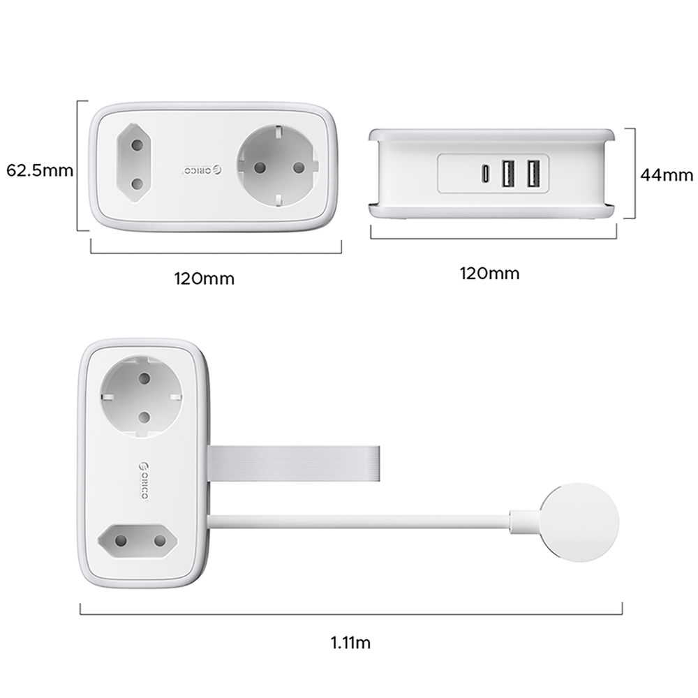 Orico APP 15,5 W 5 viename maitinimo ilgintuvas su 2×AC, 2×USB-A ir 1×USB-C – baltas - Image 3