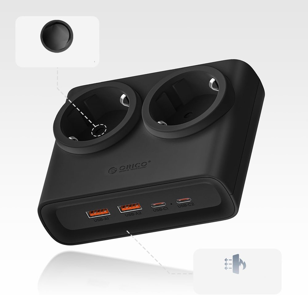 Orico PDC25 25 W 6 viename maitinimo ilgintuvas su 2×AC, 2×USB-A ir 2×USB-C – juodas - Image 2